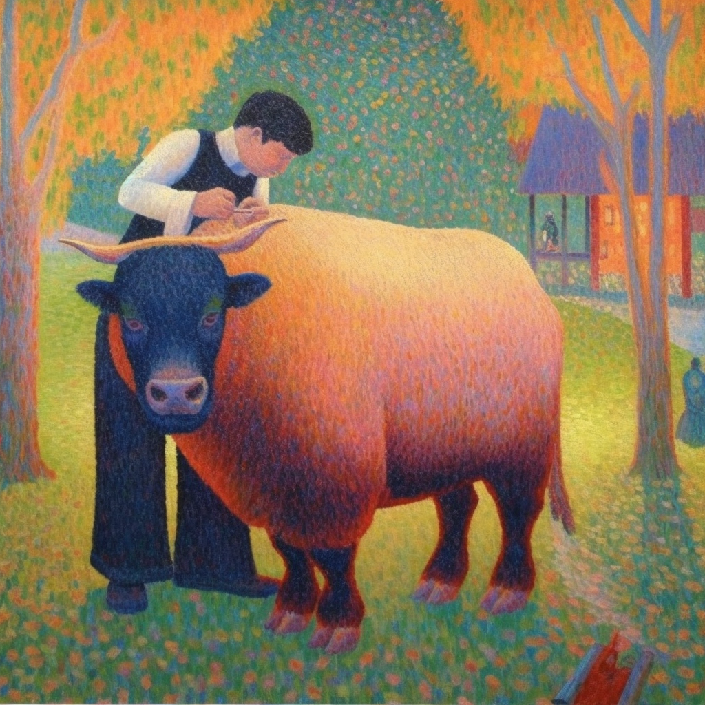 A man shaving a yak done in the Pointillism style